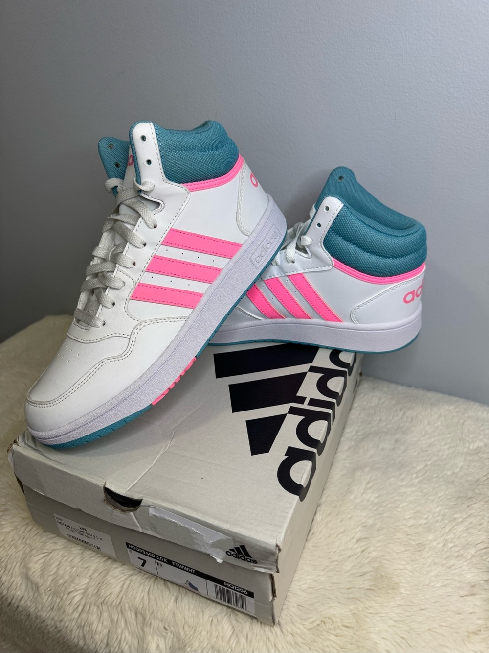 adidas Kids White Pink Teal High-Top Sneakers